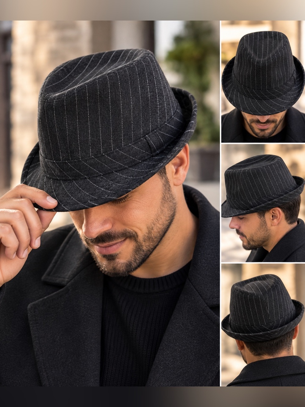 Black Pinstripe Fedora Hat L/XL Wool Blend Dapper Gangster Styl